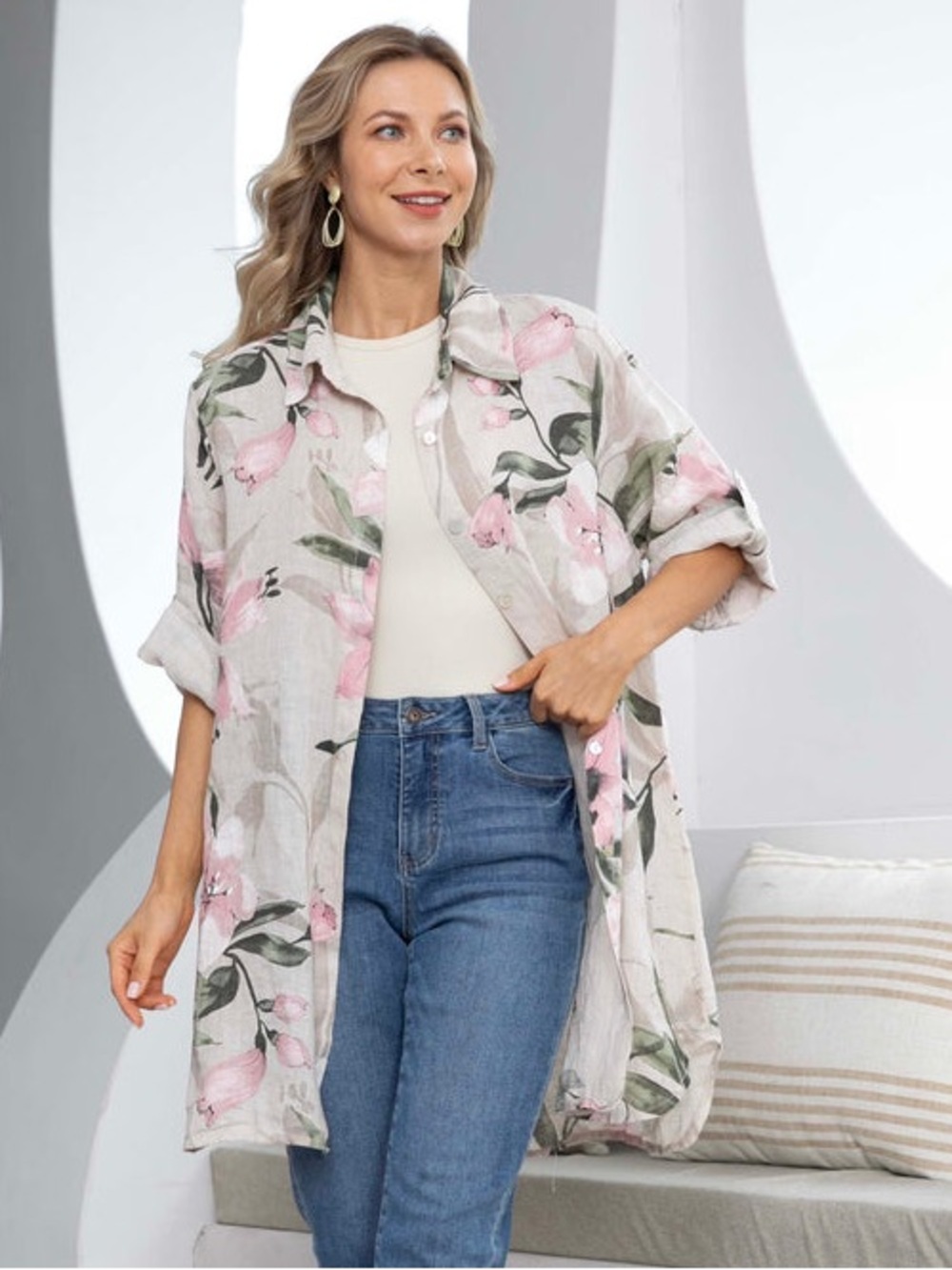 Made in Italy Floral Roll Tab Sleeves Oversized Button Up Linen Top Size S/M